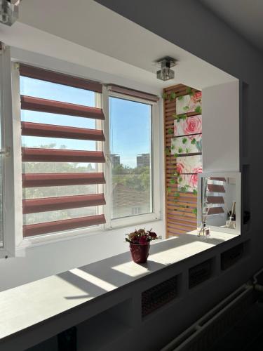een raam in een keuken met een vensterbank en een wastafel bij Апартаменти Viviana in Plovdiv