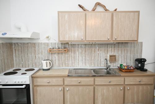 a kitchen with wooden cabinets and a sink and a stove at Gemilos Nest in Komia
