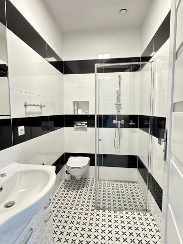 a bathroom with a shower and a toilet and a sink at Baltic Plaza Gdynia - MAXIMAL in Gdynia