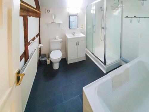 ein Bad mit einem WC, einer Dusche und einem Waschbecken in der Unterkunft Howards End in Leysters