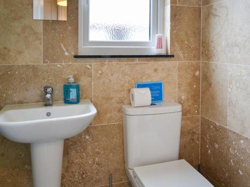 a bathroom with a toilet and a sink and a window at Lanburnum Lodge - Uk47076 in Wilberfoss