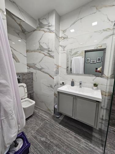 a bathroom with a sink and a toilet and a mirror at Centre Apartment in Gyumri