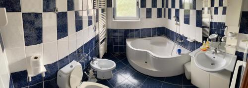 y baño azul y blanco con aseo y bidet. en Guesthouse Vionica, en Međugorje