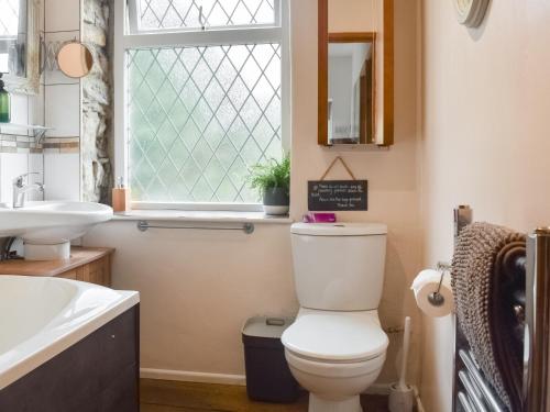 ein Bad mit einem WC, einem Waschbecken und einem Fenster in der Unterkunft Hebble Row Cottage in Oakworth