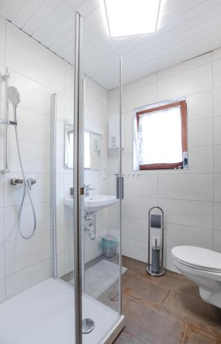 a white bathroom with a shower and a toilet at Ferienwohnung Wäller Mittagsonne in Westerburg