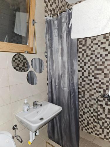 a bathroom with a sink and a shower curtain at Pravo mesto in Bajina Bašta