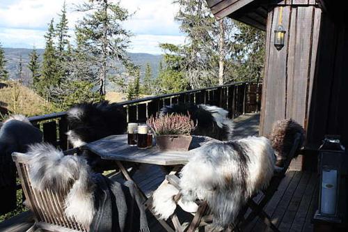 um grupo de cães à volta de uma mesa no convés em Bekkeli; Mountain cabin, amazing view - ski in - ski out, golf, hike, bike,, fishing, em Nes i Ådal