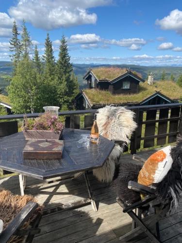 um cão sentado num deque com uma mesa em Bekkeli; Mountain cabin, amazing view - ski in - ski out, golf, hike, bike,, fishing, em Nes i Ådal