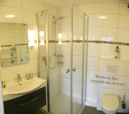 uma casa de banho com um chuveiro, um WC e um lavatório. em Ferienwohnung Little Poseidon em Wangerooge