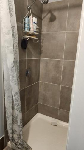 a shower with a shower curtain in a bathroom at Shepparton Central Guest Suite in Shepparton