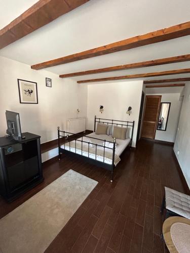 een slaapkamer met een bed en een tv in een kamer bij SIAN Sanctuary Villa in Braşov