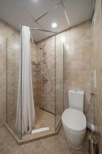 a bathroom with a toilet and a glass shower at Moana Sunset Apartment in Ahtopol