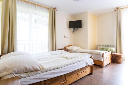 1 dormitorio con 2 camas y TV en la pared en Willa Sport, en Zakopane