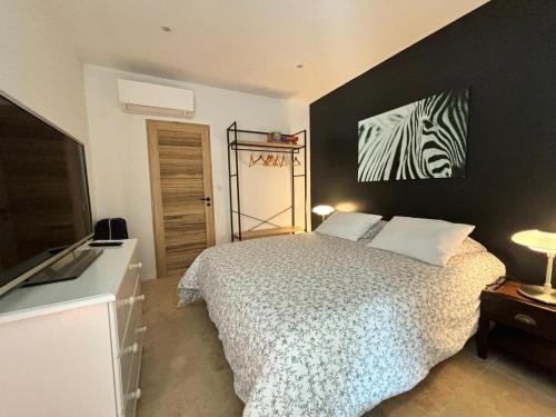 um quarto com uma cama e uma televisão de ecrã plano em Maison dans la pinède em Rognes