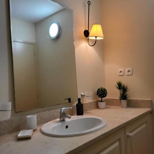 une salle de bain avec un lavabo et un grand miroir dans l'établissement La Calade, à LʼIsle-sur-la-Sorgue