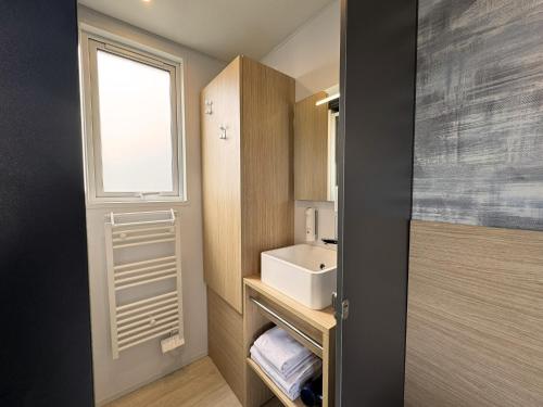 ein kleines Bad mit einem Waschbecken und einem Fenster in der Unterkunft Golf Cubes Hohwacht in Hohwacht