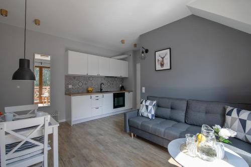 a living room with a couch and a table at Na Skraju Lasu e-apart in Jastrzębia Góra