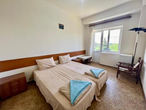 um quarto com uma cama grande e uma janela em Ayg Hotel and Sport Complex Ararat em Davalinskiy Tsemzavod