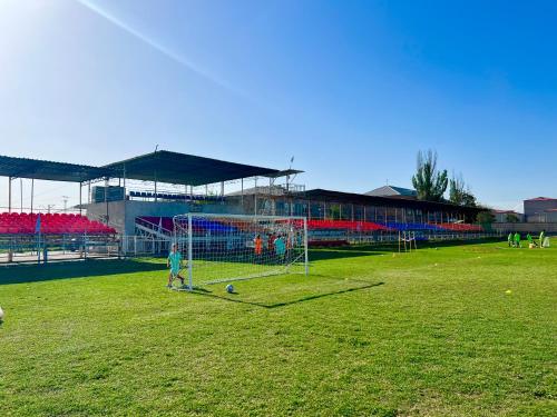 a man standing in front of a soccer field at Ayg Hotel and Sport Complex Ararat in Davalinskiy Tsemzavod