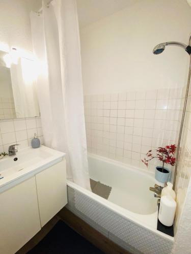 La salle de bains est pourvue d'une baignoire blanche, d'un lavabo et de toilettes. dans l'établissement Superbe studio proche centre, à Bordeaux