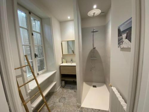 a white bathroom with a shower and a sink at Le Puits Sainte Claire in Courçon
