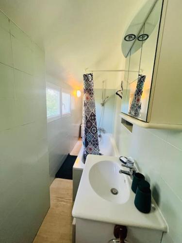 une salle de bain blanche avec un lavabo et un miroir dans l'établissement La campagne et la mer, à Tourville-sur-Sienne