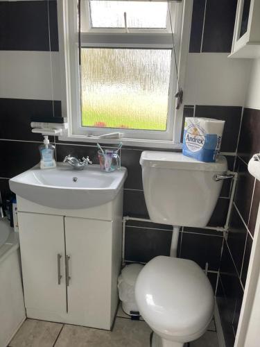 a bathroom with a toilet and a sink and a window at Seabreeze Number 74 includes swimming passes and club entry in Scratby