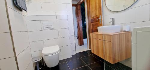 a bathroom with a toilet and a sink and a mirror at Cléopatre in Lomé
