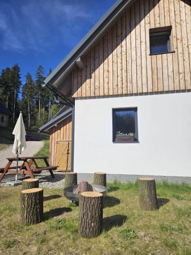 a building with a picnic table and tree stumps at Chalupa pod Bínovem in Smržovka