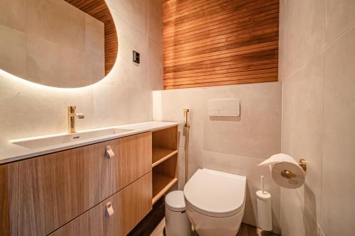 a bathroom with a toilet and a sink and a mirror at Snowbird Villas (Arctic Nook) in Kittilä