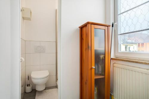 a bathroom with a toilet and a wooden cabinet at Siravit Am See in Friedrichshafen