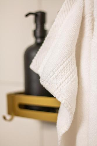a towel on a bathroom sink with a soap dispenser at Special EiNSTEiN II Apartment Basel, Messe Kleinbasel 10-STAR in Basel