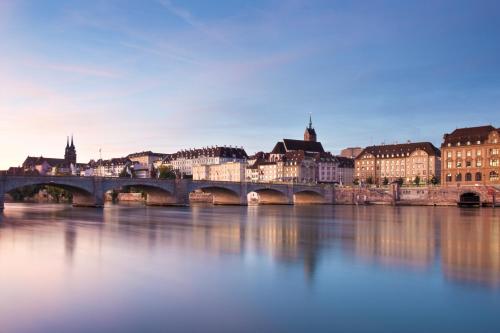 a bridge over a river in a city with buildings at Special EiNSTEiN II Apartment Basel, Messe Kleinbasel 10-STAR in Basel