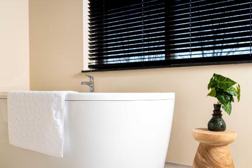 a bathroom with a white sink and a window at Hotel Waterstate in Goes