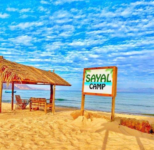 a swim camp sign on a beach with a bench at Sayal Camp in Taba