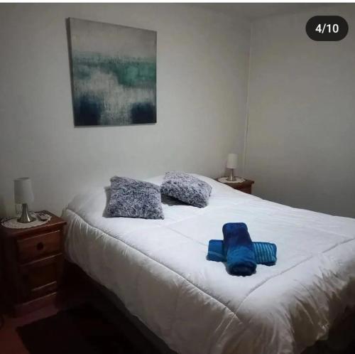 uma cama com um bicho de peluche azul sentado nela em Parcela 7 em Quillón