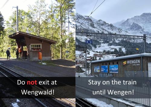 eine Collage von zwei Bildern eines Bahnhofs in der Unterkunft Hotel Bellevue - Traditional Swiss Hideaway in Wengen