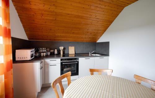 a kitchen with a table and a wooden ceiling at Ferienwohnung Wäller Fernblick in Westerburg
