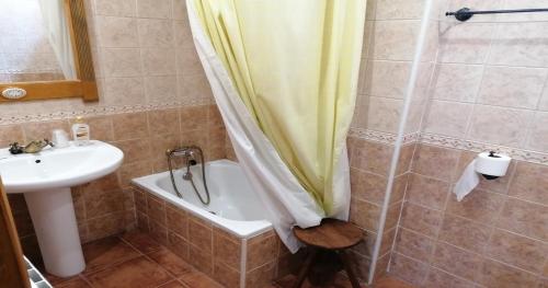 uma casa de banho com uma cortina de chuveiro e um lavatório em Villa y Corte - Colegiata em Ampudia
