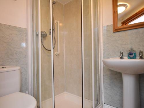 a bathroom with a shower and a toilet and a sink at 4 Bed in Bude CORYS in Morwenstow
