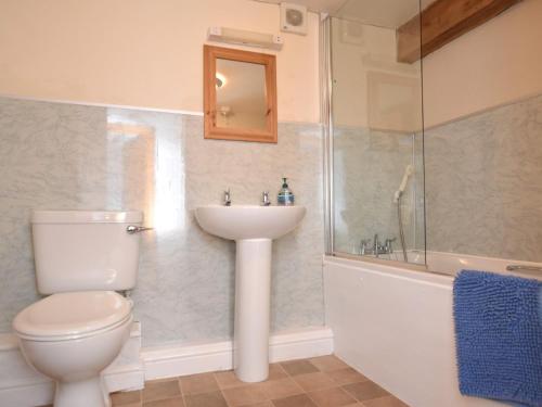 La salle de bains est pourvue de toilettes, d'un lavabo et d'une douche. dans l'établissement 3 Bed in Bude CORYM, à Morwenstow