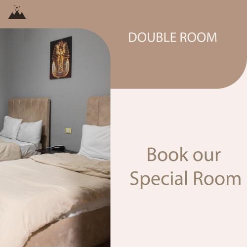 a bedroom with a double room and book our special room at Explore Stars Pyramids View in Cairo