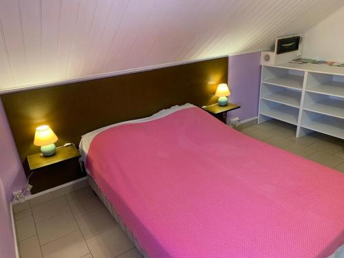 a bedroom with a large pink bed with two lamps at Case Taapuna in Saint-Joseph