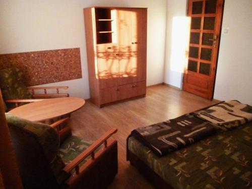 韋特利納的住宿－BERDO Noclegi i restauracja，带沙发和桌子的客厅以及门
