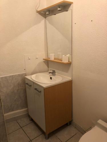 a bathroom with a sink and a mirror and a toilet at Appartement 4 pers in Aiglun