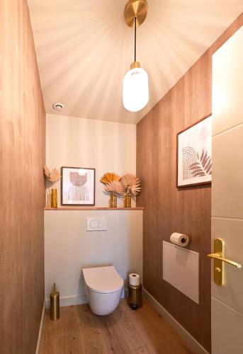 a bathroom with a toilet and a pendant light at Extraordinaire Villa 5 étoiles 12 personnes 7 min Lille in Marcq-en-Baroeul