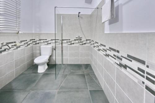 La salle de bains est pourvue d'une douche et de toilettes. dans l'établissement Obok Lasu, à Grebiszew