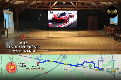 un écran de télévision avec une voiture de course sur une scène dans l'établissement GITE LES BEAUX CHENES, à Trangé