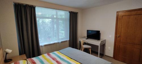 a bedroom with a bed and a desk with a television at Hostel Elena in Sofia