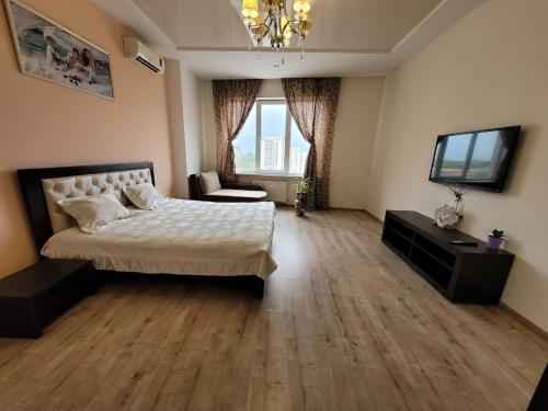 una camera con letto e TV a schermo piatto di Apartament na Panteylemonovskaya a Odessa